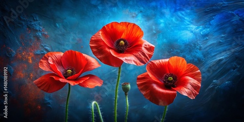 Vibrant Red Poppies on Dark Blue Abstract Background - Nature Stock Photo
