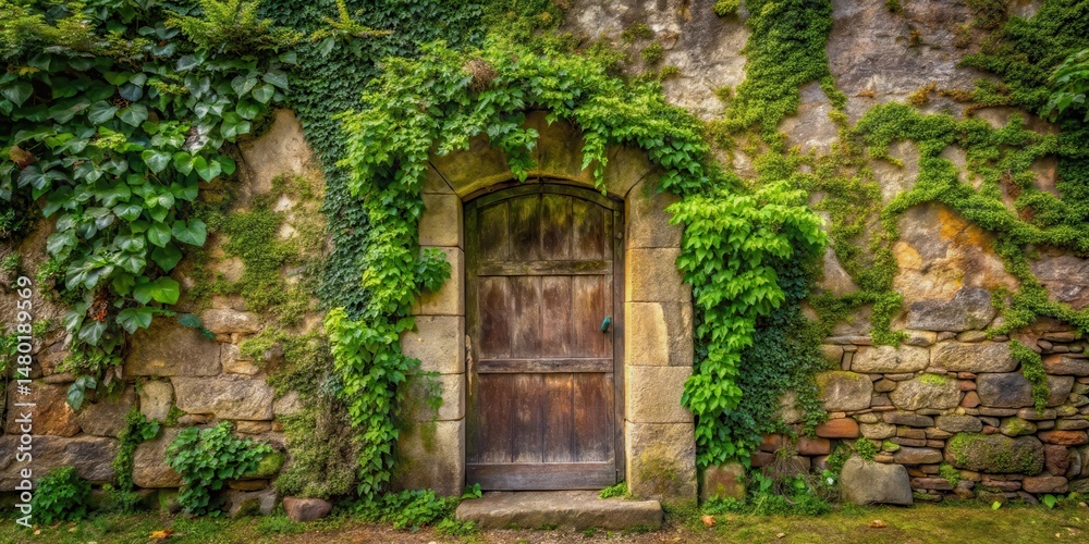 Fototapeta premium Ancient, weathered stone door with vines and moss , architecture, nature
