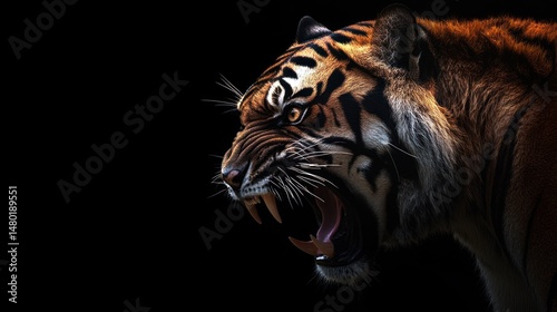 Ferocious tiger roaring in darkness, revealing its powerful teeth