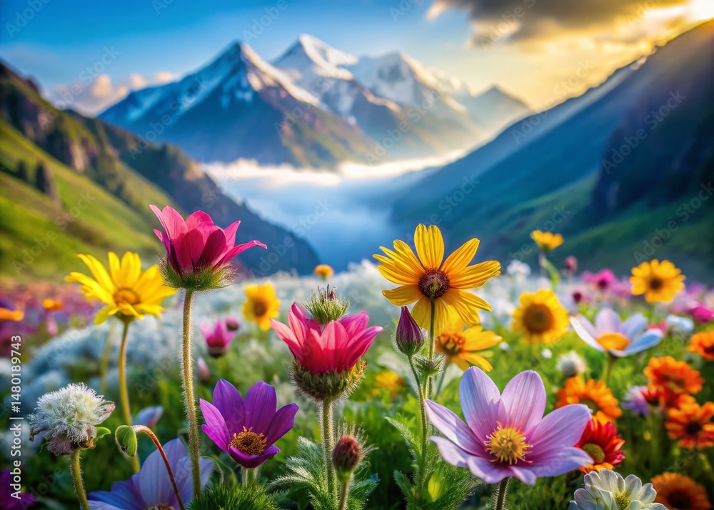Fototapeta premium Vibrant Spring Mountain Flowers: Macro Photography Close-Up
