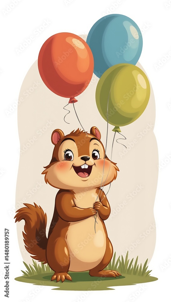 Fototapeta premium Chipmunk with colorful balloons against weathered wooden background