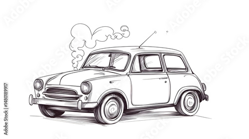 A white car with a black smoke coming out of the hood