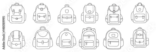 Backpack array school bags displayed in neat rows