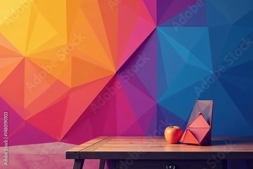 Modern geometric flayer design mockup on wooden table, showcasing vibrant color gradients and clean lines , wood grain, brochure