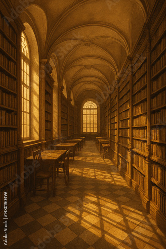 Historic Grand Library Interior ,Sunlit Reading Hall with Tall Book Shelves
