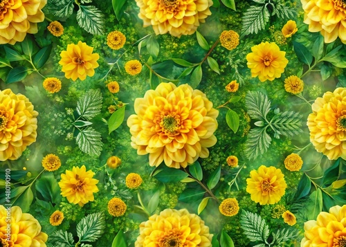 Vibrant Yellow Floral Pattern: Double Exposure Green Leaf Background Stylish Artwork
