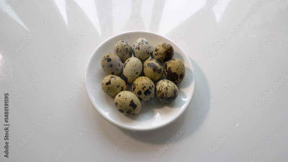 A man puts quail eggs on the kitchen table. Food from eggs in shells.