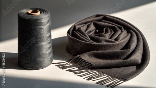 A large spool of dark grey thread stands beside a rolled dark textile with fringe, symbolizing crafting, sewing, and the sophisticated texture of fine materials.
