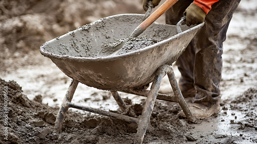 Construction Worker Using Wheelbarrow with Cement photo