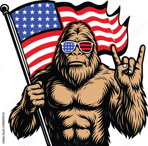 Bigfoot with American Flag Celebrating Freedom vector illustration
