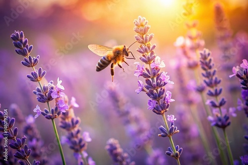 Vintage Botanical Illustration: Bee Hovering Over Lavender, Tilt-Shift Photography