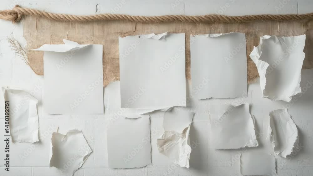 Torn paper mockup on burlap and brick background for creative design concept