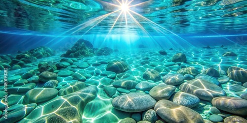 Glowing stones submerged in crystal clear turquoise waters with sunlight filtering through the surface, sunlit ocean, gemstones