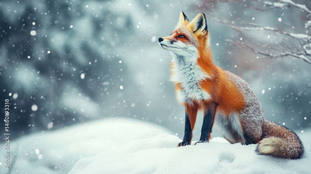 Obraz premium Fox's Winter Dream: A serene scene of a fox in a snowy winter landscape