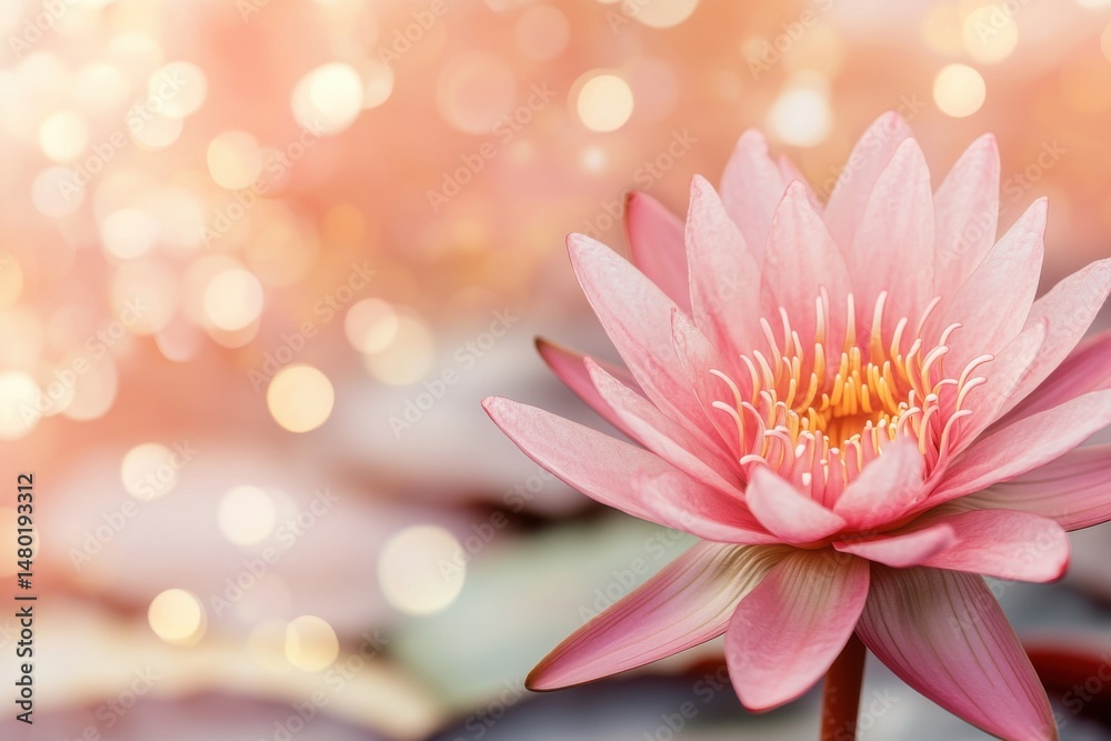 Obraz premium Pink Lotus Flower Close Up on Water with Bokeh Background in a Soft Romantic Style for Meditation and Wellness