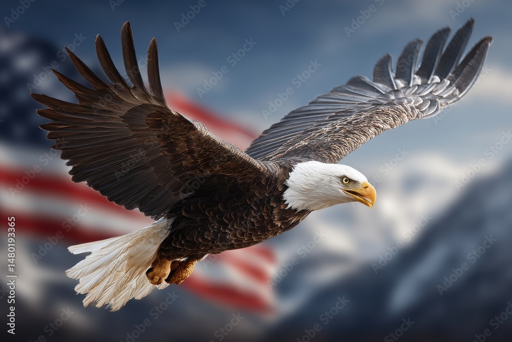 Obraz premium A majestic bald eagle soars powerfully against the backdrop of the American flag, showcasing freedom and patriotic symbolism with its outstretched wings.