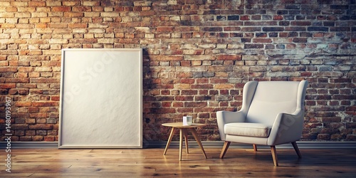 Vintage Empty Canvas Mockup: White Chair & Side Table Against Exposed Brick Wall