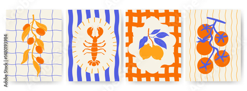 Set of abstract food posters. Summer Italian design of lobster, lemon, tomato and olives for kitchen decor, fabric design, restaurant menus, gift wrap, wallpapers, postcards, greeting cards.