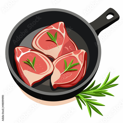 Raw Beef Steaks in a Pan with Rosemary