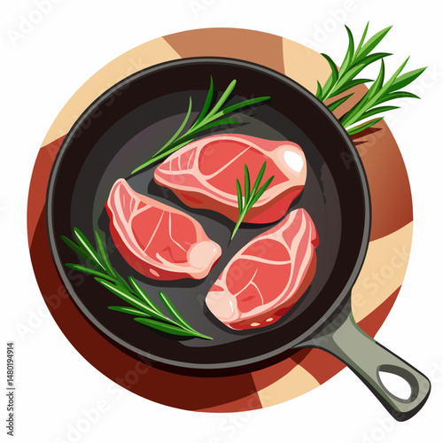 Raw Steak in Cast Iron Pan with Rosemary