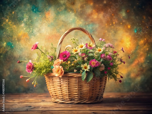 Vintage Hand-Painted Plant Basket, Long Exposure, Floral Still Life, Rustic Decor, Home Decor