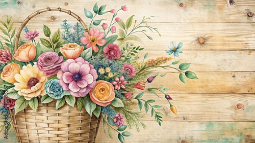 Vintage Hand-Painted Floral Basket Illustration, Botanical Bouquet,  Whimsical Plant Pot Design, Spring Flowers, Retro Art