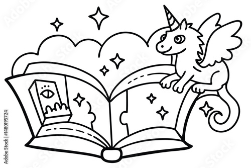 A cute unicorn with wings is lying on a book full of magic