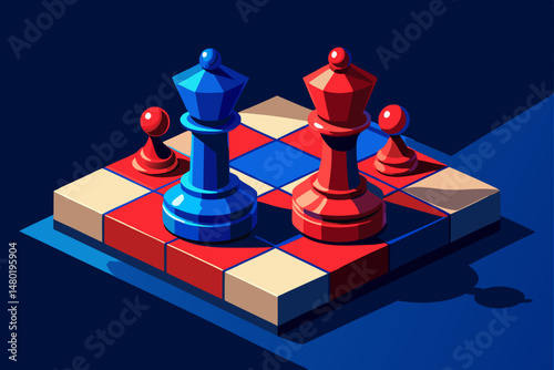 Isometric Illustration of a Chessboard with Red and Blue Queens and Pawns