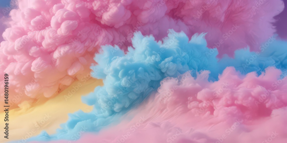 Fototapeta premium Fuzzy, vibrant gradient of pink, blue, yellow; cotton candy-like texture , dreamy, close up, food