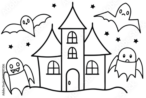A spooky haunted house is surrounded by cute flying ghosts and stars around
