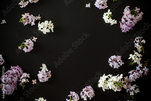 Fototapeta Lilac flower frame on black background with empty space for text