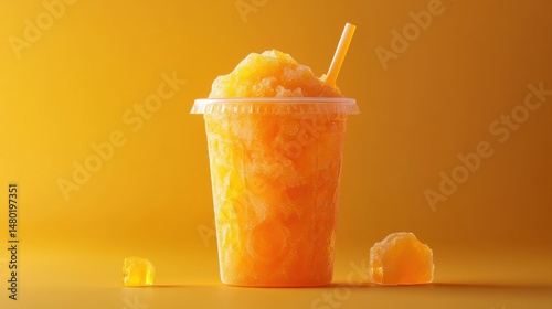 Refreshing Orange Slushie in Clear Cup with Straw on Bright Yellow Background