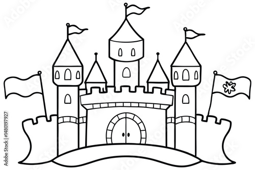 A whimsical black outlined castle shows flags atop its towers and on either side