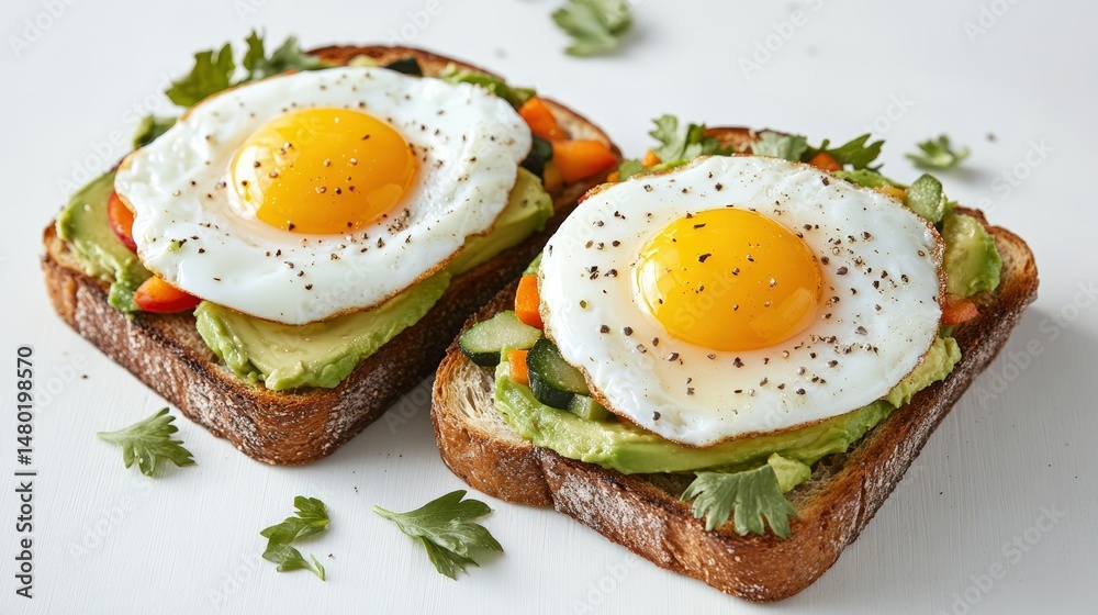Delicious open faced avocado toast with fried eggs, fresh herbs, and vegetables on whole grain bread Delicious open faced avocado toast with fried eggs, fresh herbs, and vegetables on whole grain bread