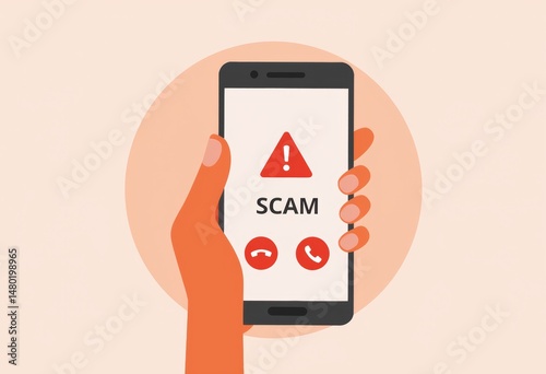Hand holding smartphone with scam notification on call screen