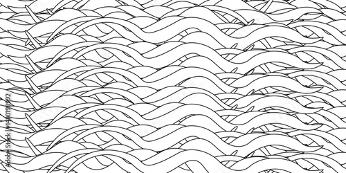 Coloring page with summer outline vector drawing of abstract ocean water waves background. A aqua pattern. Ideal for entertaining kids, beach, seasonal, summertime, and aquatic black and white design.