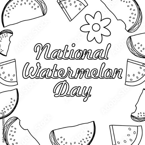 Coloring page with summer outline drawing of juicy watermelon slices and water bubbles. Bite mark. National Watermelon Day. For entertaining, summertime dessert, celebration black and white banner.