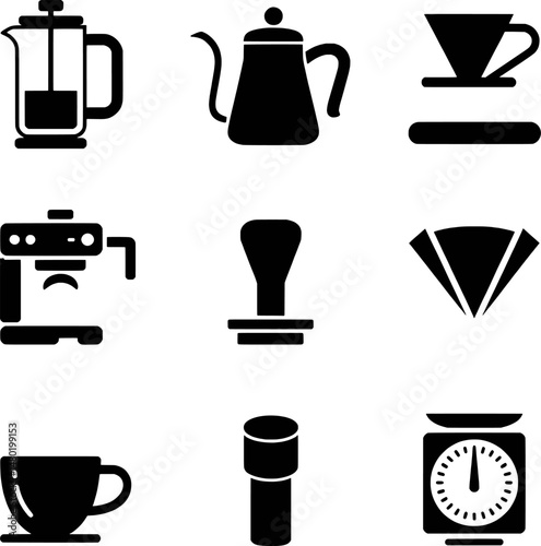 Black and white coffee icons illustrating brewing equipment and accessories for cafes