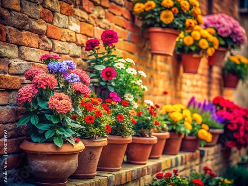 Vintage Style Photo: Vibrant Flower Display in Textured Faux Brick Garden
