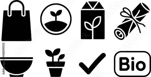 Collection of eco friendly and sustainable icons representing organic and natural concepts