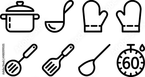 Kitchen tools icons collection featuring cooking pot ladle oven mitts and spatula minimalist style