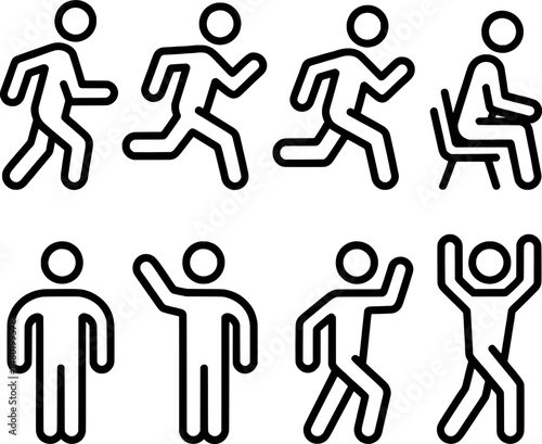 Set of simple black and white human figure icons depicting various poses and activities