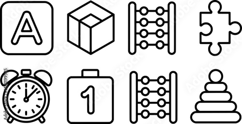 Simple black and white illustrated educational and learning icons set for children