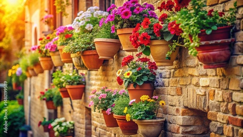 Vintage Tan Brick Building with Ornate Flower Pots Cascading Down