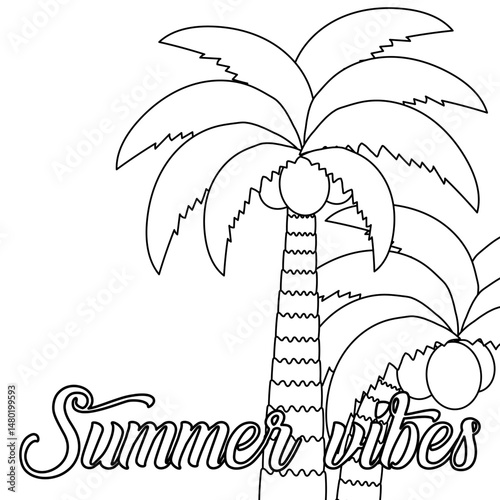 Coloring with outline of tropical coconut palms. Palm tree with coconuts. Summer vibes. For entertaining kids, holiday, vacation banner, black and white design for beach, summertime, tropics, outdoor.
