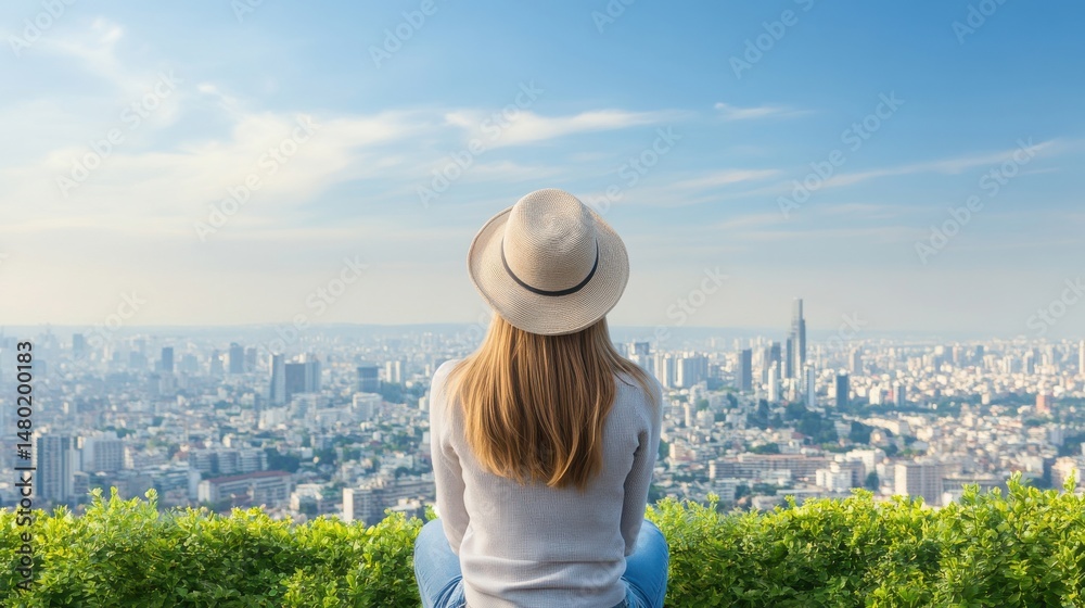 Fototapeta premium Woman with Hat Enjoying Scenic View of City Skyline from Hilltop