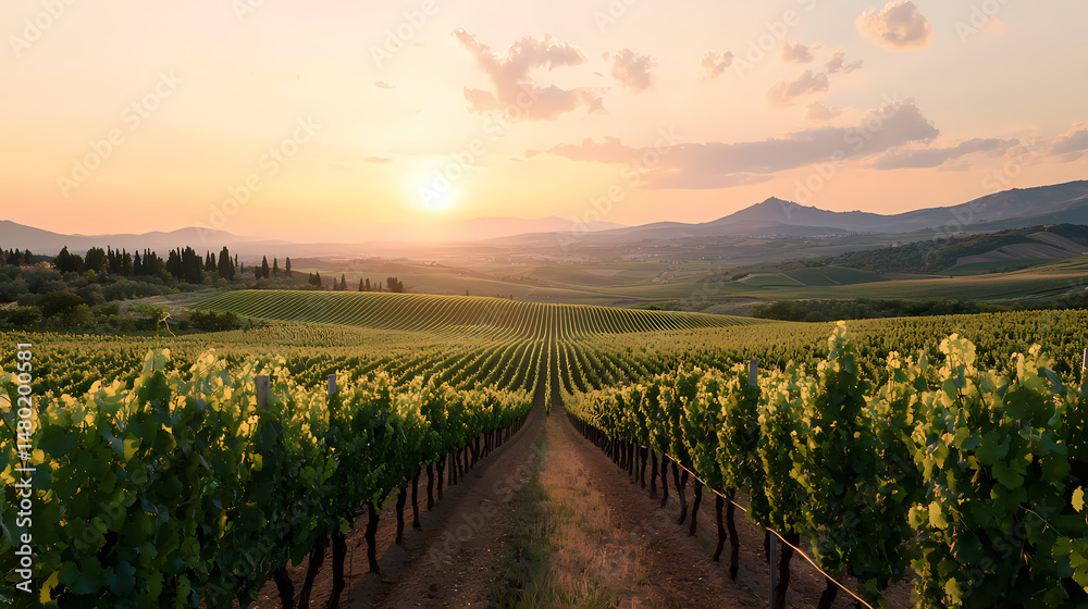 Fototapeta premium A vineyard stretches into the horizon at sunset, surrounded by hills and lush greenery under a glowing sky.