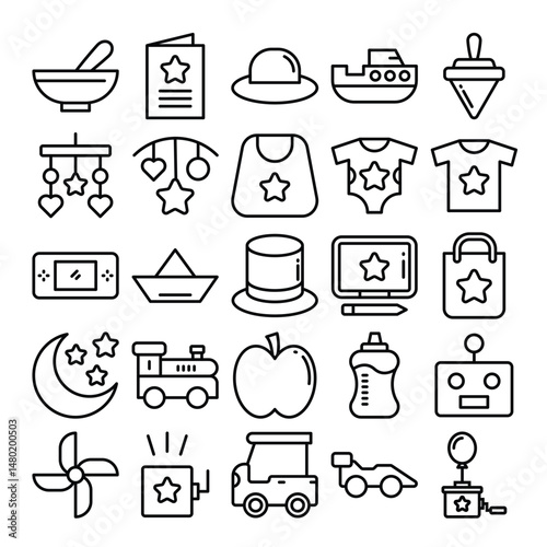 Whimsical baby icons in bold line art
