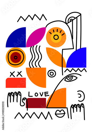 Abstract face portrait geomtric shapes doodle line art hand drawn vector illustration. Aesthetic design for art print, decoration, cards, poster and wall art.