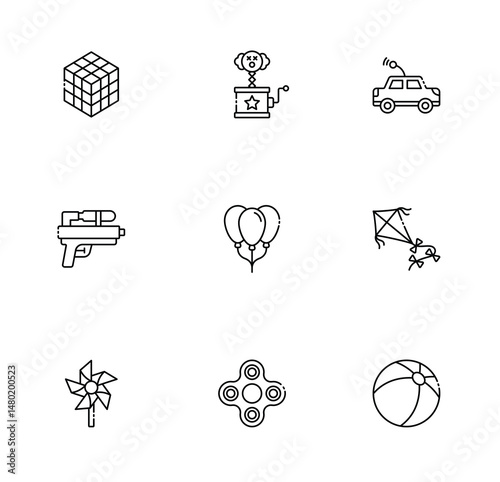 Assorted playthings in line art